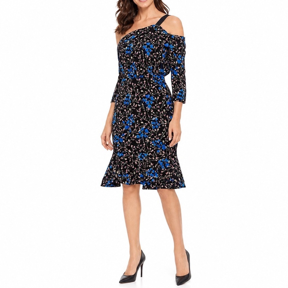Saloni Silk Floral Off Shoulder Ruffle Dress Black Blue Pink US 2 UK 6 Fit Flare